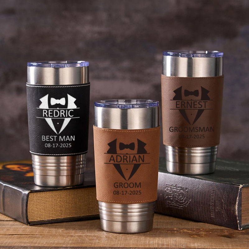 Personalized Groomsmen Gifts Tumbler 20oz Tumbler with Leather Sleeve for Men Groom Best Man Bachelor Party Gift Tumbler for Him