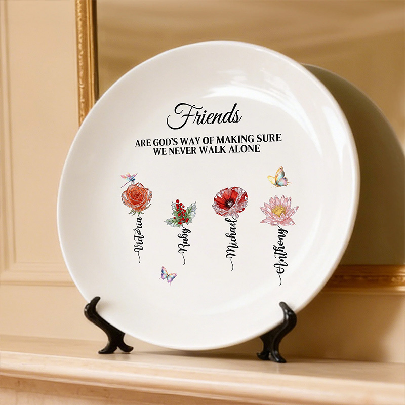 Personalized Crystal Birth Flower Ceramic Decorative Plate with Names and Text Daily Use Birthday Gift for Friends Wedding Gift for Bridesmaid Bestie