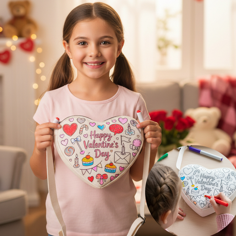 Personalized DIY Valentine's Canvas Bag Heart Shaped Coloring Tote for Kids with Markers