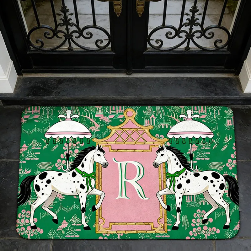 Personalized Horses Pagoda Chinoiserie Non Slip Door Mat with Initial Entryway Home Decor Housewarming Gift for Family for Riding Lovers Equestrian Lovers