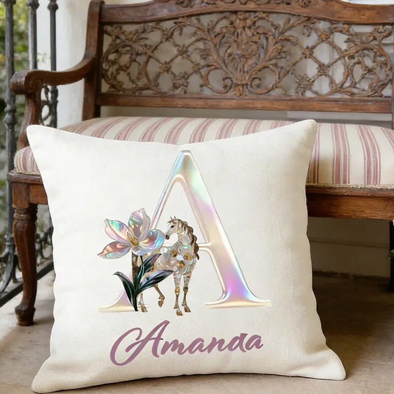 Personalized Horse Riding Birth Flower Initial Throw Pillow Cover with Name Home Decor Birthday Anniversary Gift for Horse Owner Lover Riding Lovers Equestrian Lovers