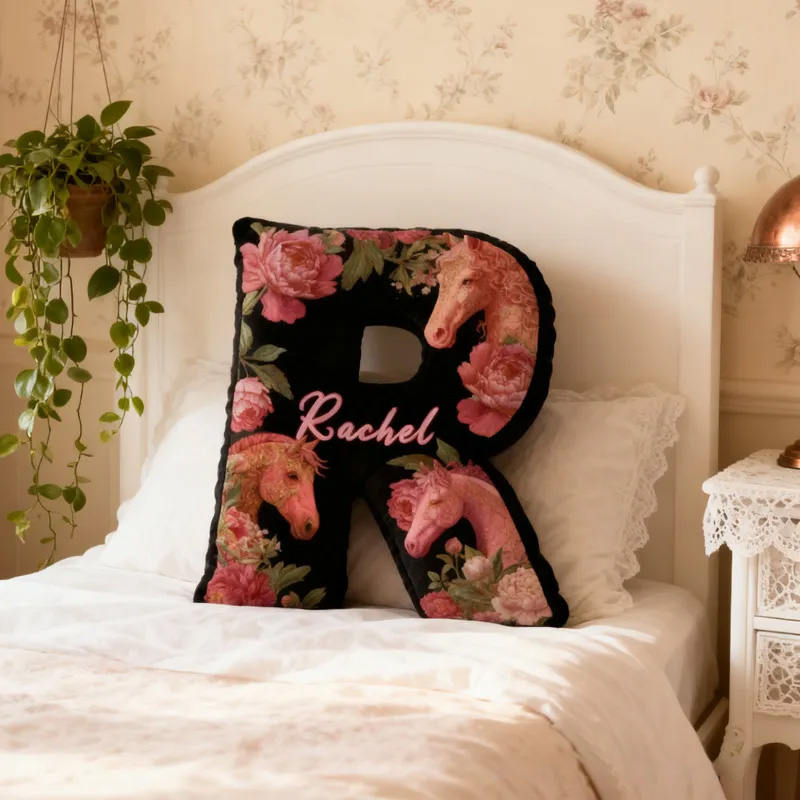 Personalized Riding Equestrian Floral Letter Pillow Horse Custom Name Festive Flower Decor with French Countryside Gifts for Family Graphic 3D Print for Riding Lovers Equestrian Lovers