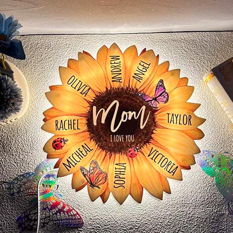 Personalized Family Member Name Sunflower Acrylic Lamp LED Night Light Custom Name Design for Mom Unique Gift for Mother's Day