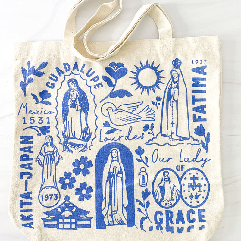 Personalized Catholic Virgin Mary Canvas Tote Bag with Name Daily Use Our Lady Bag Vintage Catholic Tote Bag Christian Gift for Women and Girls