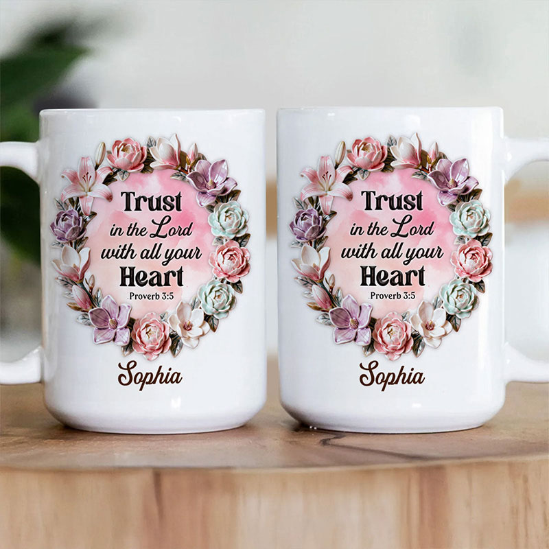Personalized Trust in the Lord with all Your Heart Ceramic Mug with Custom Name Bible Verse Coffee Cup Valentine Gift for Women