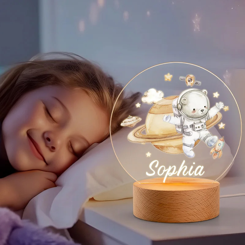 Personalized Cute Lion Bear Animal Astronauts Solar System Planets LED Night Light with Name and Wooden Base Nursery Decor Birthday Gift for Geek Lover