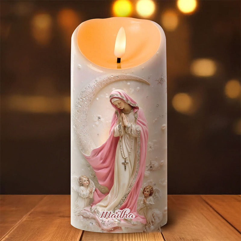 Personalized Soft Light Sacred Night Virgin Mary Flameless LED Candle with Name Catholic Gift Religious Decor Prayer Faith Gift