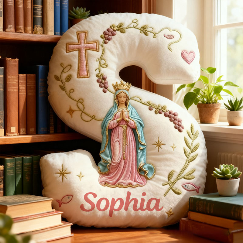 Personalized Cross Virgin Mary Letter Pillow with Custom Name Home Decor Graphic 3D Print Pillow Religious Faith Gift Catholic Gift