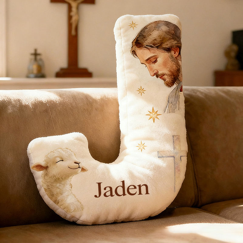 Personalized Jesus Lamb Letter Pillow with Custom Name Religious Home Decor Graphic 3D Print Pillow Christian Gift Faith Gift 