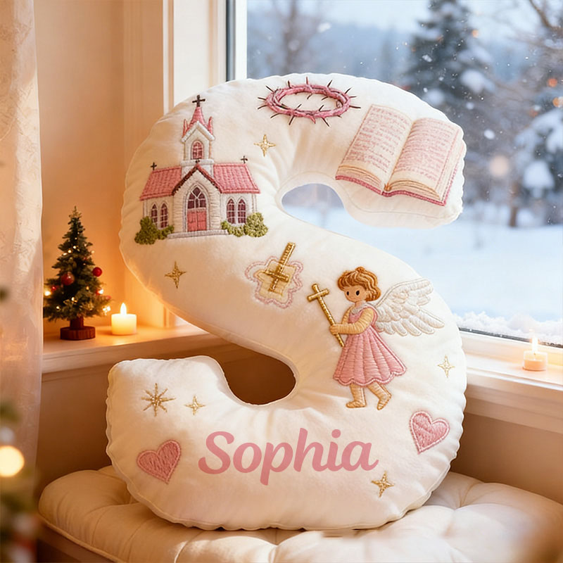 Personalized Little Angel Letter Pillow with Custom Name Kid Room Decor Church Cross Angel Bible Religious Faith Gift for Her Graphic 3D Print Pillow