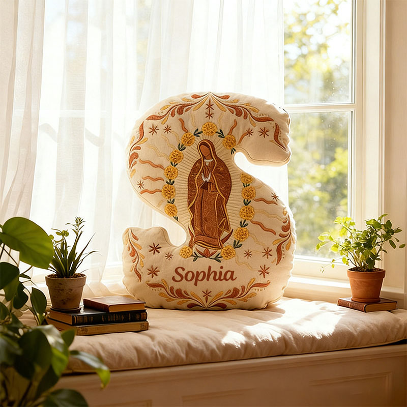 Personalized Our Lady of Guadalupe Marigold Letter Pillow with Custom Name Home Decor Religious Gift Catholic Gift for Women Graphic 3D Print