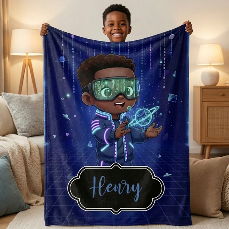 Personalized Cute Cartoon Little Dreamer Black Boy Soft Throw Blanket with Name Home Decor Birthday Gift for Geek Lover
