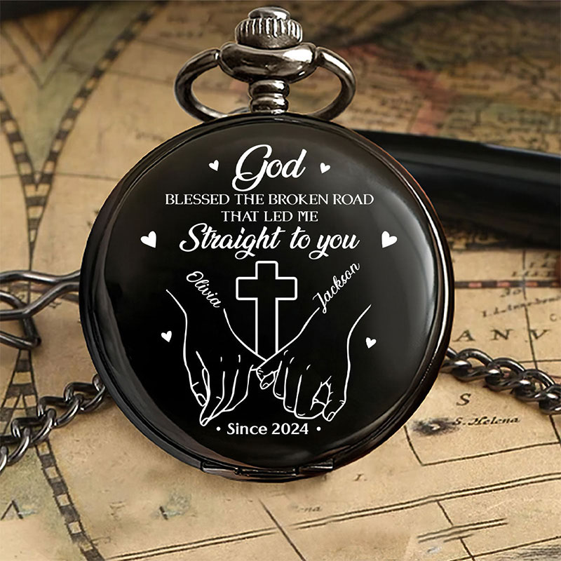Personalized God Blessed the Broken Road that Led me Straight to you Pocket Watch with Custom Name Cross Pocket Watch Religious Gift for Couple Valentine's Day Gift