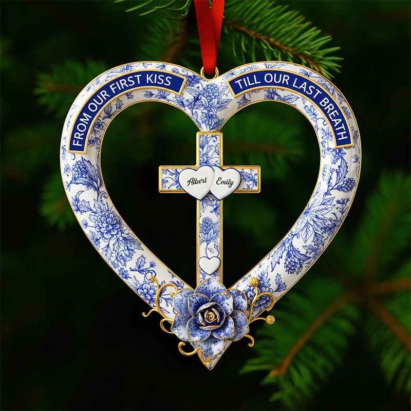 Personalized from Our First Kiss till Our Last Breath Heart Cross Shape Acrylic Ornament with Name Religious Gift Valentine Gift for Couple
