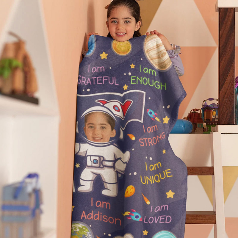 Personalized Cute Astronaut Galaxy Photo Name Throw Blanket with Positive Affirmations Phrase Birthday Gift for Geek Lover