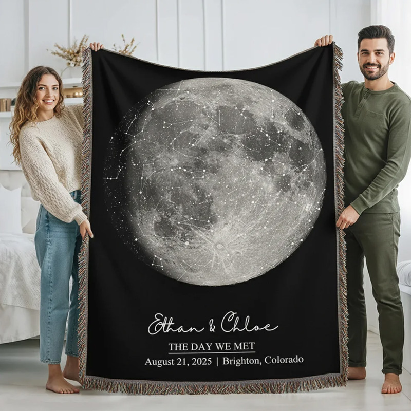 Personalized Star Map Moon Phase Soft Throw Blanket with Name Title Date and Location Home Decor Valentine's Day Wedding Anniversary Gift for Couple Geek Lover