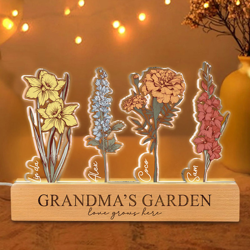 Personalized Birth Flower Acrylic LED Light With Kids Name Mom's Garden Night Light Custom Crystal Flower Display Wooden Base Birth Month Floral Decor Mother's Day Gift for Mom