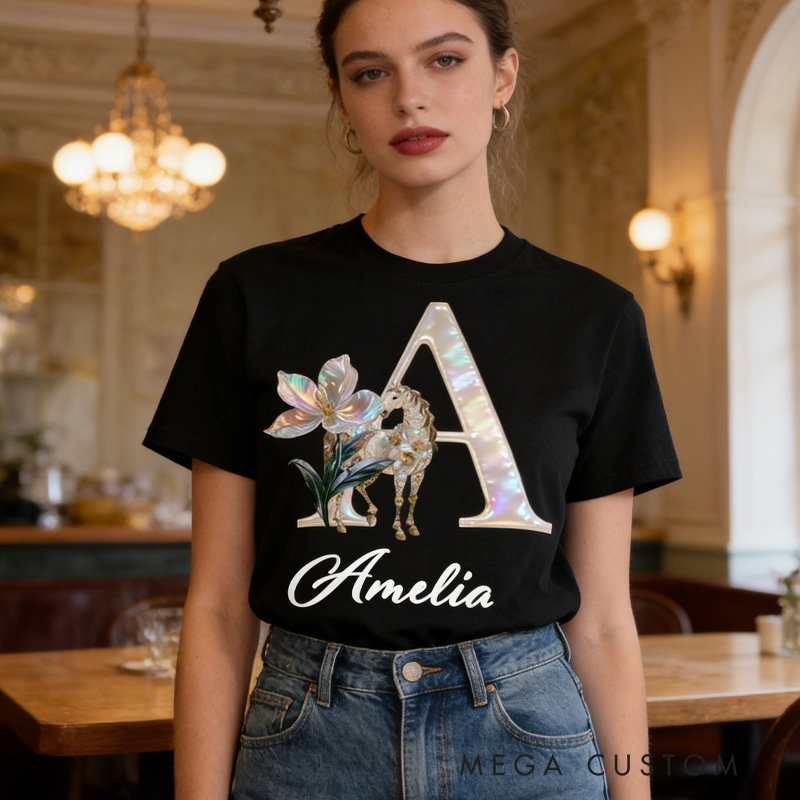 Personalized Horse Riding Birth Flower Initial Name Classic T-shirt for Women for Girls for Horse Lovers Riding Lovers Equestrian Lovers