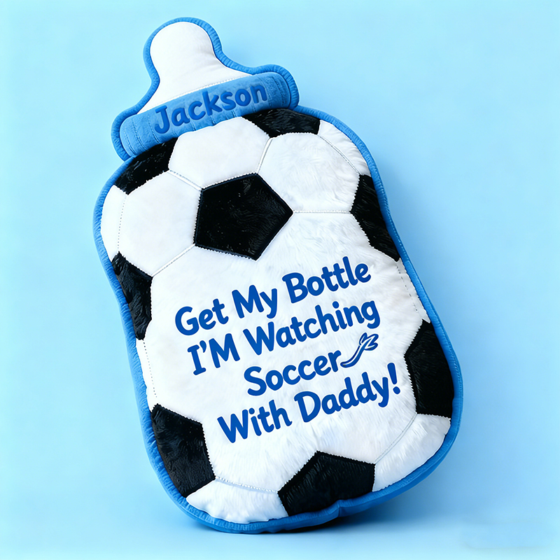 Personalized Soccer Bottle Name Custom Baby Gift Blue Pink Fun Sports Watching Soccer With Daddy Soft Decorative Graphic 3D Print Pillow
