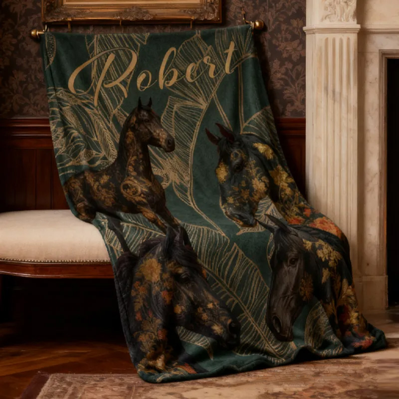 Personalized Riding Golden Leaves Blanket Equestrian Horse Custom Name Festive Flower Decor with French Countryside Gifts Family Blanket for Riding Lovers Equestrian Lovers