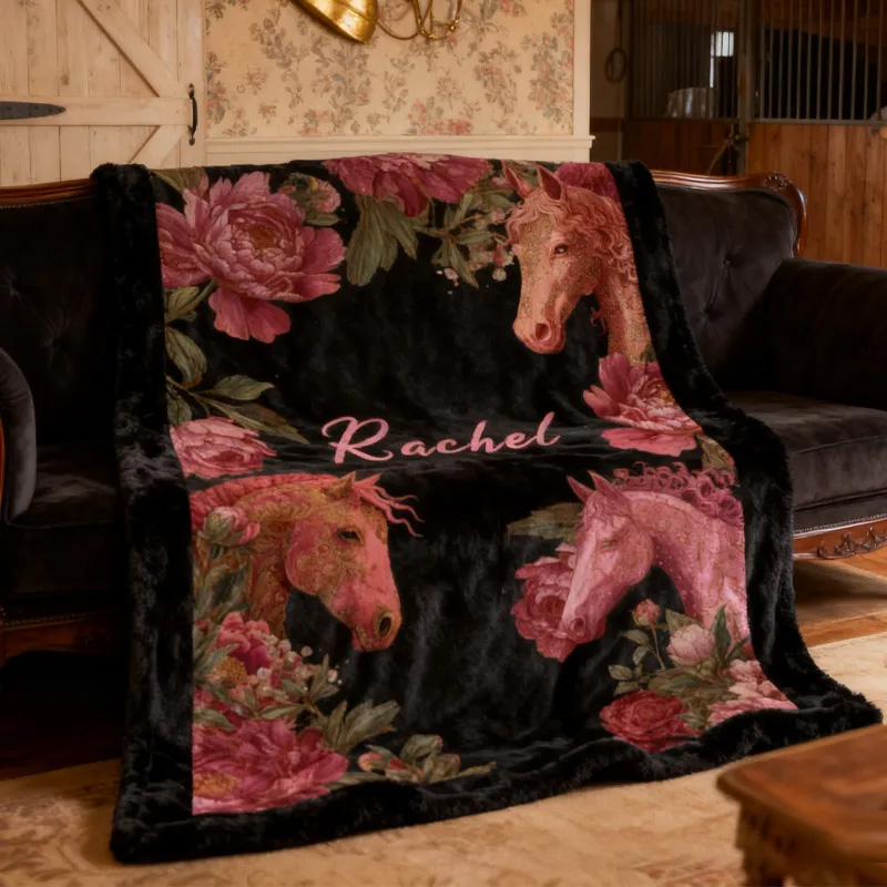 Personalized Riding Floral Blanket Equestrian Horse Custom Name Festive Flower Decor with French Countryside Gifts Family Blanket for Riding Lovers Equestrian Lovers