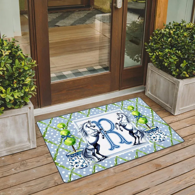 Personalized Rugs Riding Personalized Chinoiserie Initial Blue White Doormat Home Decor Housewarming Birthday Gift for Family Friends for Family for Riding Lovers Equestrian Lovers