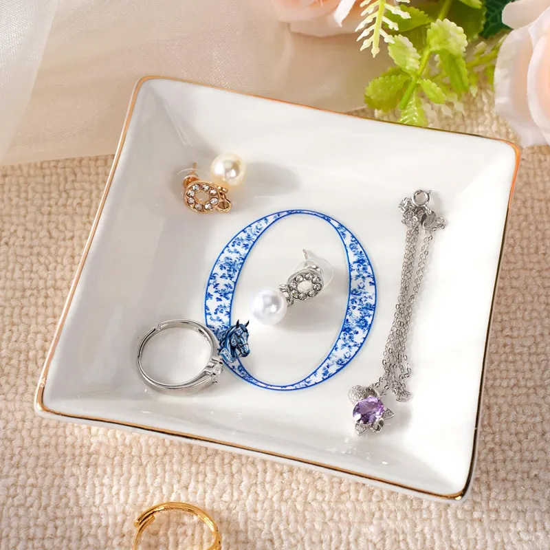 Personalized Blue Bow Horse Toile De Jouy Initial Ceramic Trinket Jewelry Dish Daily Use Birthday Gift for Girls Women Riding Lovers