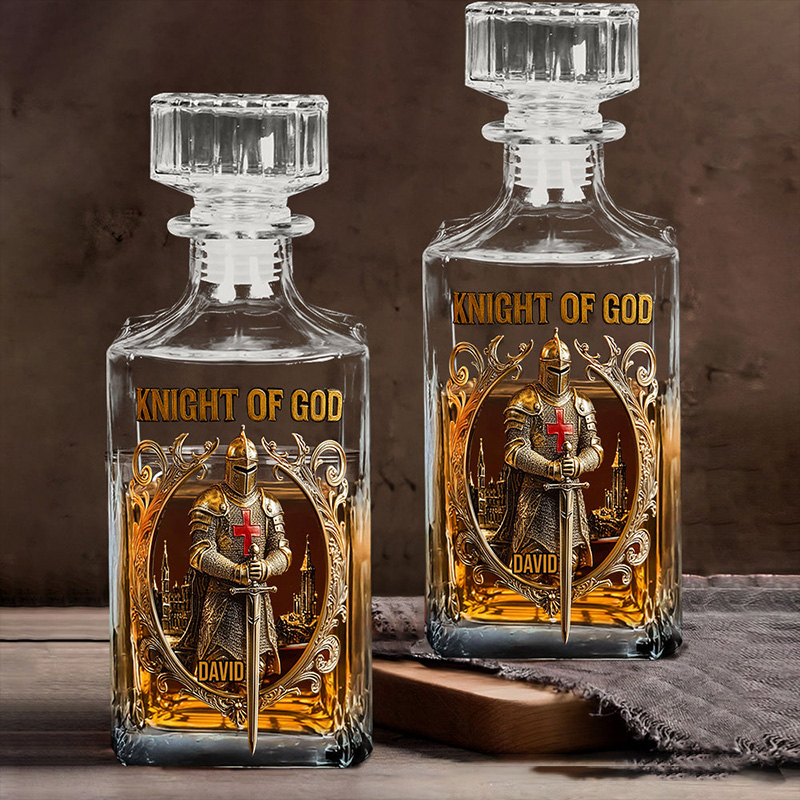 Personalized Knight of God Whiskey Decanter Set with Name Whiskey Glass Whiskey Bottle Religious Gift Christian Gift for Men