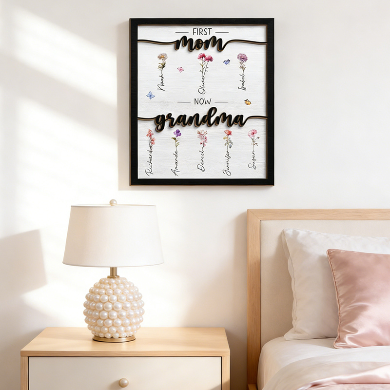 Personalized Birth Month Flower First Mom Now Grandma Custom Two-layer Wooden Plaque Gift for Grandma Grandparent Mother's Day Birthday