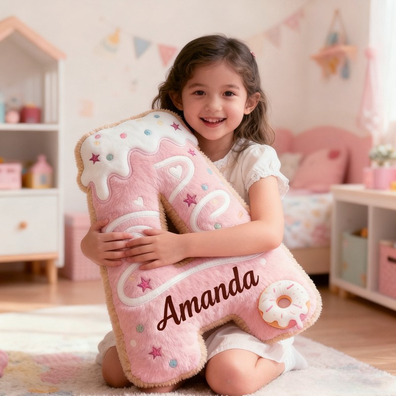 Personalized Cute Pink Donuts Initial Name Pillow Christmas Gift for Kids