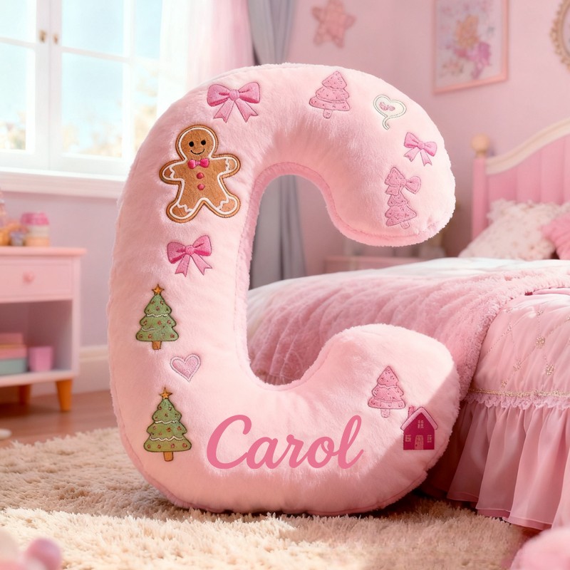 Personalized Cartoon Pink Christmas Initials with Name Graphic 3D Print Pillow Christmas Gift for Kids 
