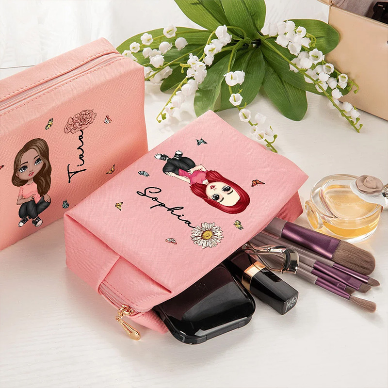 Personalized Cartoon Character Leather Makeup Pouch Bag with Birth Flower and Name Portable Bride Essentials Birthday Bridesmaid Gift for Women Girls