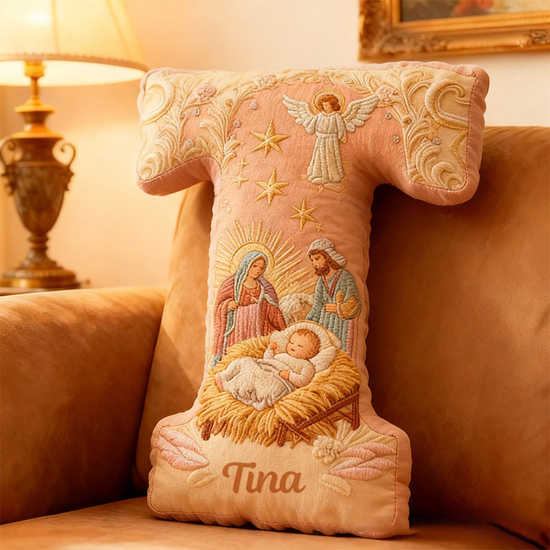 Personalized Nativity Scene Holy Family Letter Pillow with Name Christian Home Decor Religious Gift Graphic 3D Print Pillow