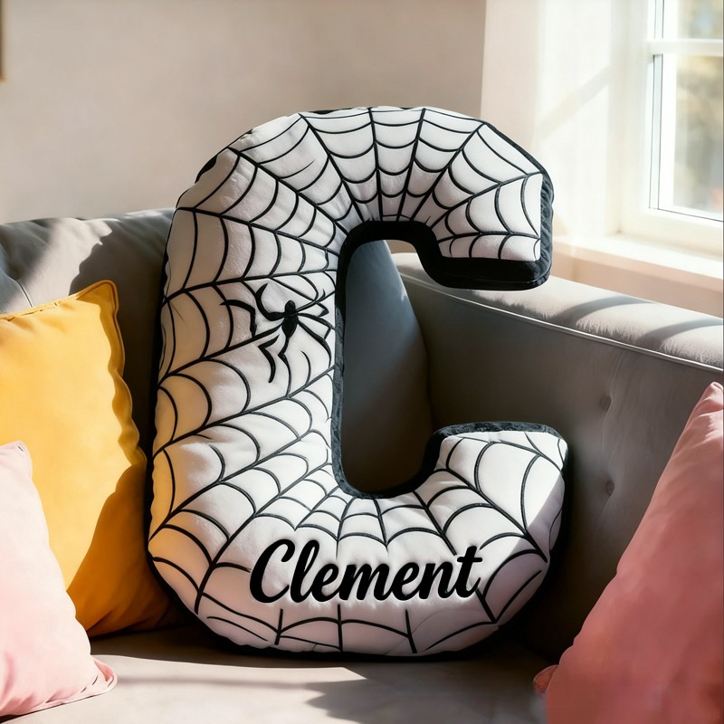 Personalized Cute Black Spider Web Initial Name Pillow Christmas Gift for Kids Family