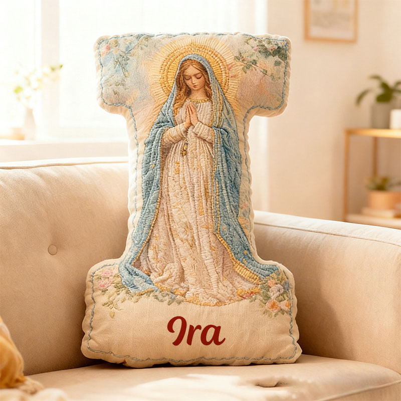 Personalized Virgin Mary Floral Letter Pillow with Custom Name Religious Home Decor Gift Catholic Gift for Her Prayer Gift Graphic 3D Print Pillow
