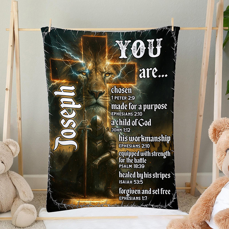 Personalized Lion of Judah You are Chosen Throw Blanket with Name Bible Verse Cross Home Decor Religious Gift Christian Gift for Men 