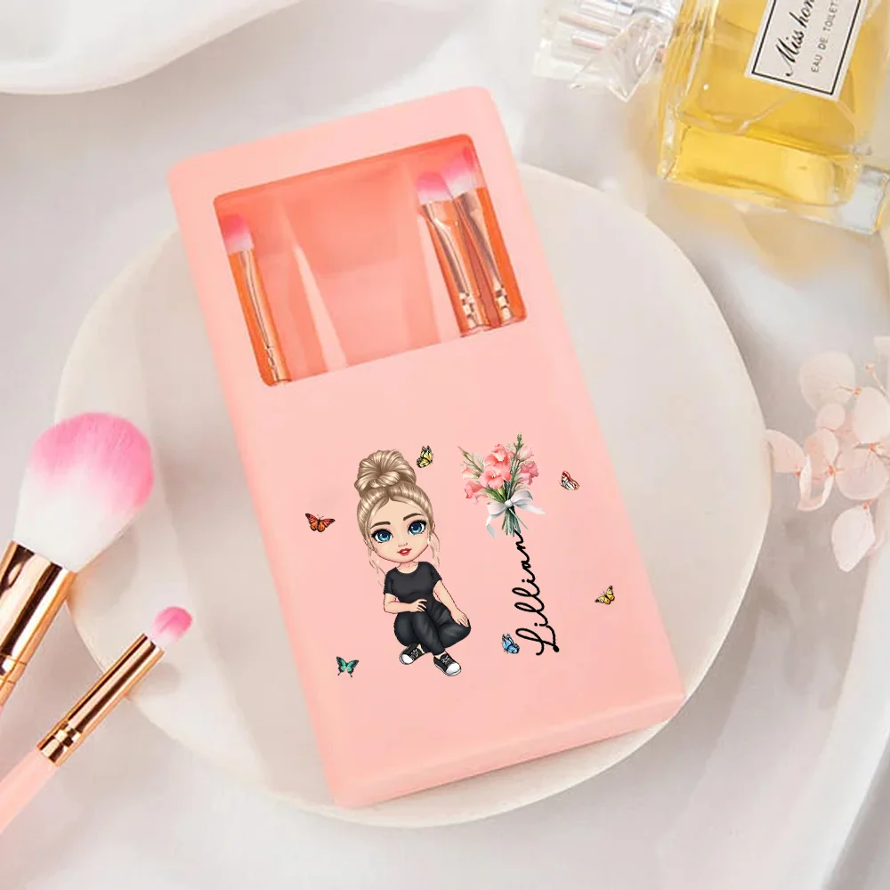 Personalized Birth Flower Bouquet Name Cartoon 5 Pcs Makeup Brush Bridesmaid Gift Storage Box Set with Mirror Birthday Bridal Shower Gift for Her