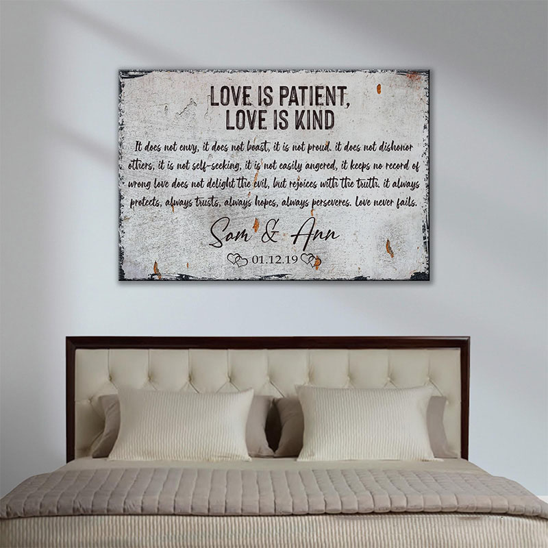 Personalized Love is Patient Love is Kind Canvas Painting with Couple Names Date Religious Gift Wedding Anniversary Gift Valentine Gift for Couple