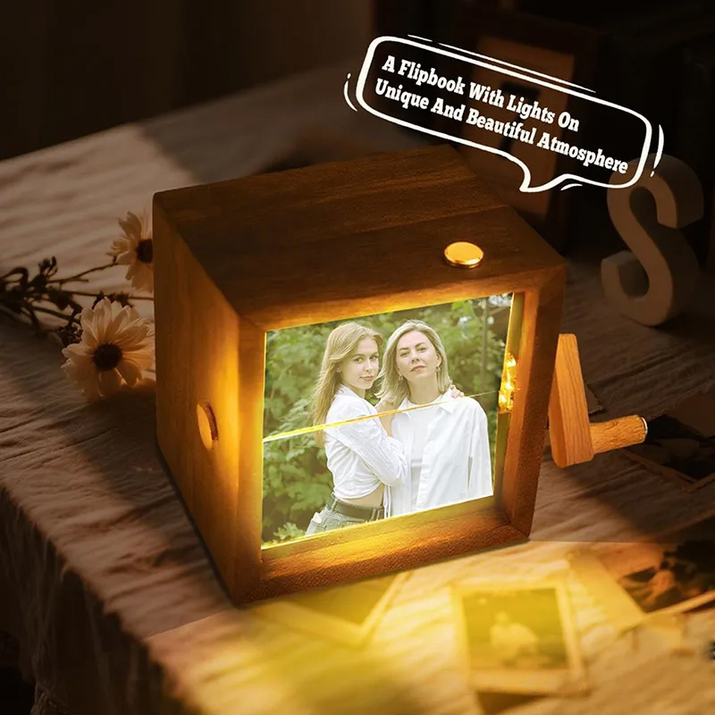 Personalized Photo Flipbook Animation Box Wooden Photo Book with Light Anniversary Birthday Wedding Gift for Mom Unique Gift for Couple Home Decor