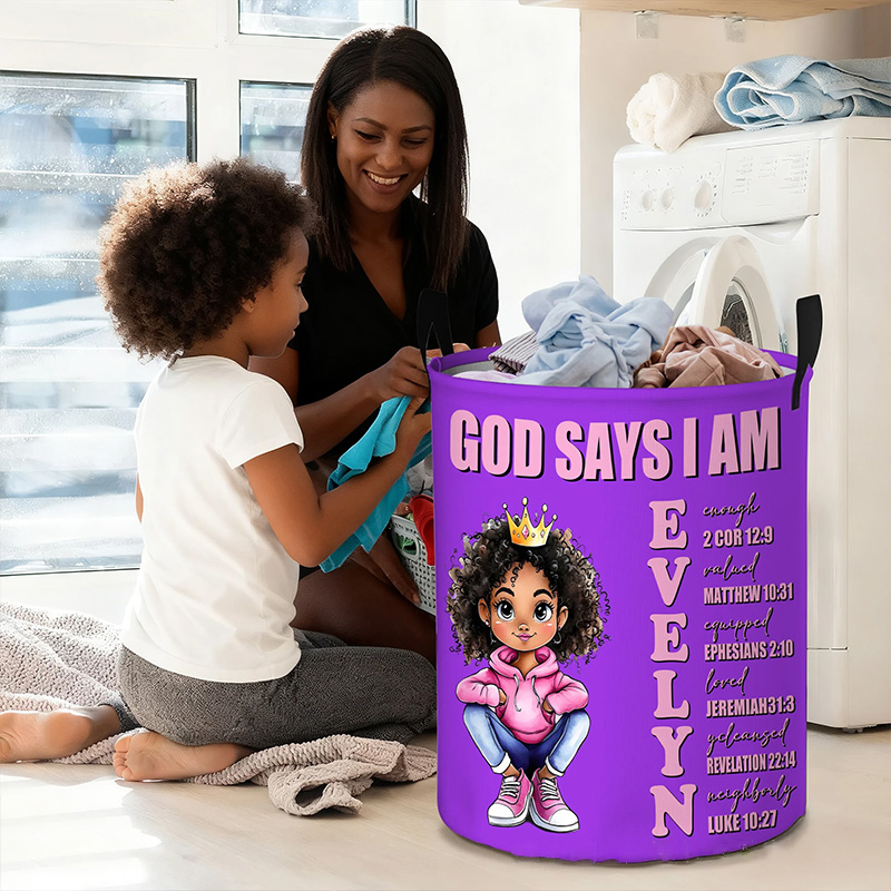 Personalized Cartoon Black Girl Bible Verse Name Storage Basket with Name Laundry Decor Daily Use Religious Gift for Girl