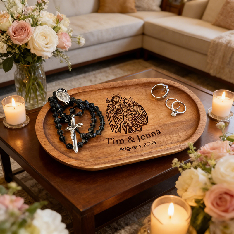 Personalized Holy Family Wooden Rosary Tray Jewelry Holder with Custom Name and Date Religious Gift Anniversary Wedding Gift Catholic Gift