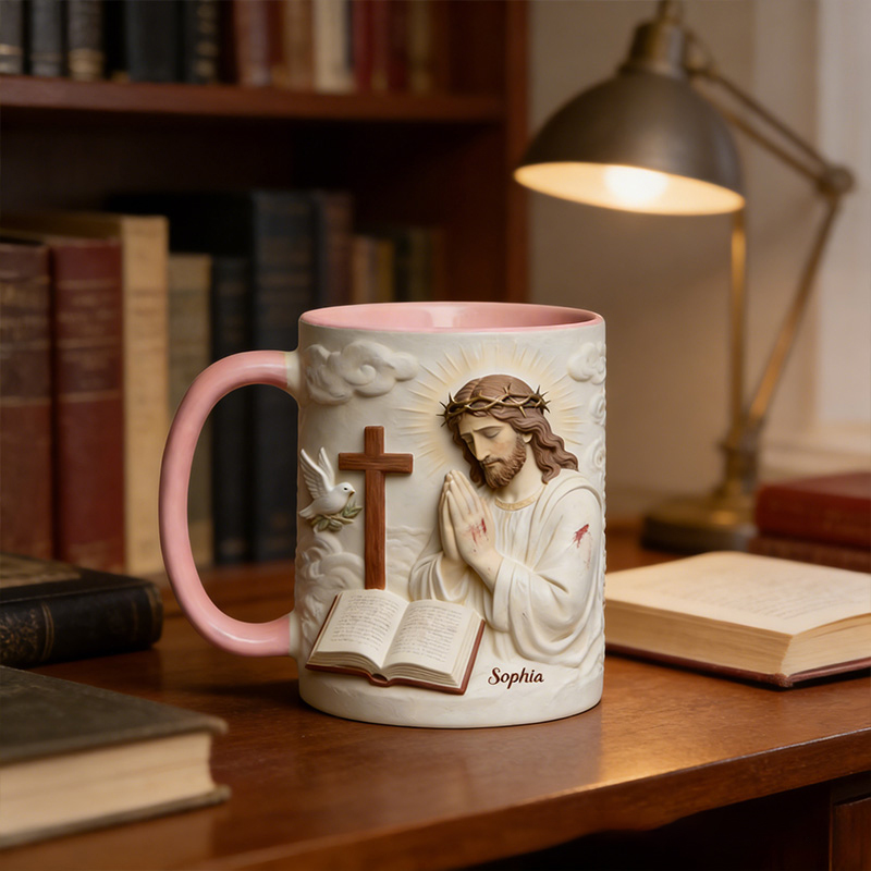 Personalized Jesus Pray 11oz Ceramic Mug with Custom Name 3D Design Coffee Cup Religious Gift Faith Gift for Christians