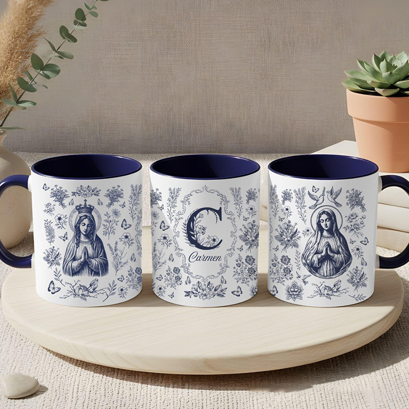 Personalized Virgin Mary Toile 11oz Ceramic Mug with Name Our Lady Mug Vintage Floral Marian Coffee Cup Catholic Christian Gift for her
