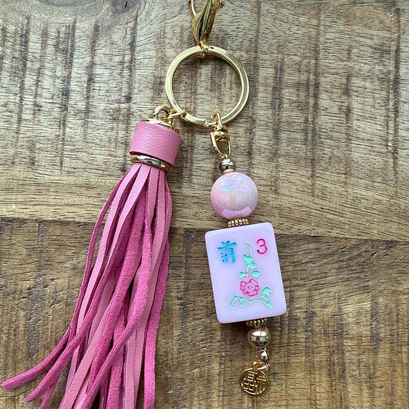 Handmade Mahjong Tile Bag Charm with Tassel Mixed Beads Mahjong Tile Keychain