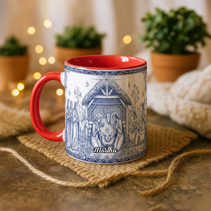 Personalized Nativity Scene 11oz Ceramic Mug with Custom Name Catholic Faith Coffee Cup Religious Gift Christian Gift 