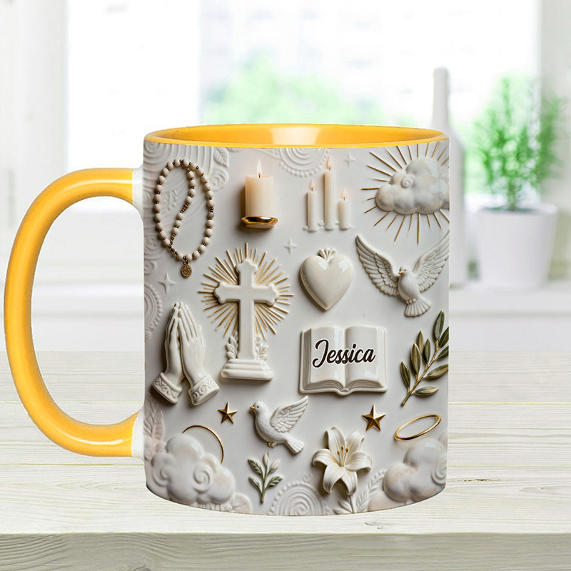 Personalized Cross Bible Dove 11oz Ceramic Mug with Name Prayer Hand 3D Coffee Cup Religious Gift Faith Gift for Christians