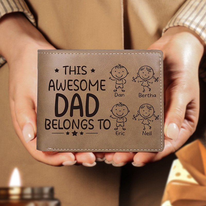 Personalised Doll Engraved Leather Men's Wallet Custome Name Folding Wallet With Kids Name for Dad Father's Day Gift