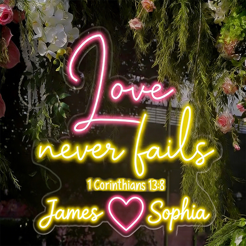 Personalized Love Never Fails Neon Sign with Custom Names Bible Verse Neon Sign Wedding Anniversary Gift Valentine's Day Decor Religious Gift for Couple
