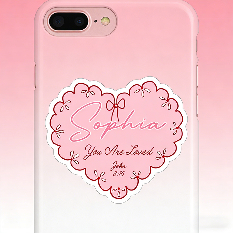 Personalized Pink Bow Heart you are Loved Bible Verse Stickers with Name Religious Gift Valentine's Day Gift for Couple Woman