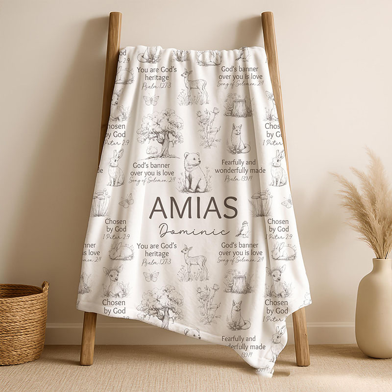 Personalized Woodland Animals Bible Verse Soft Throw Blanket with Custom Name Baby Shower Nursery Prayer Baby Gift Religious Gift for Kids